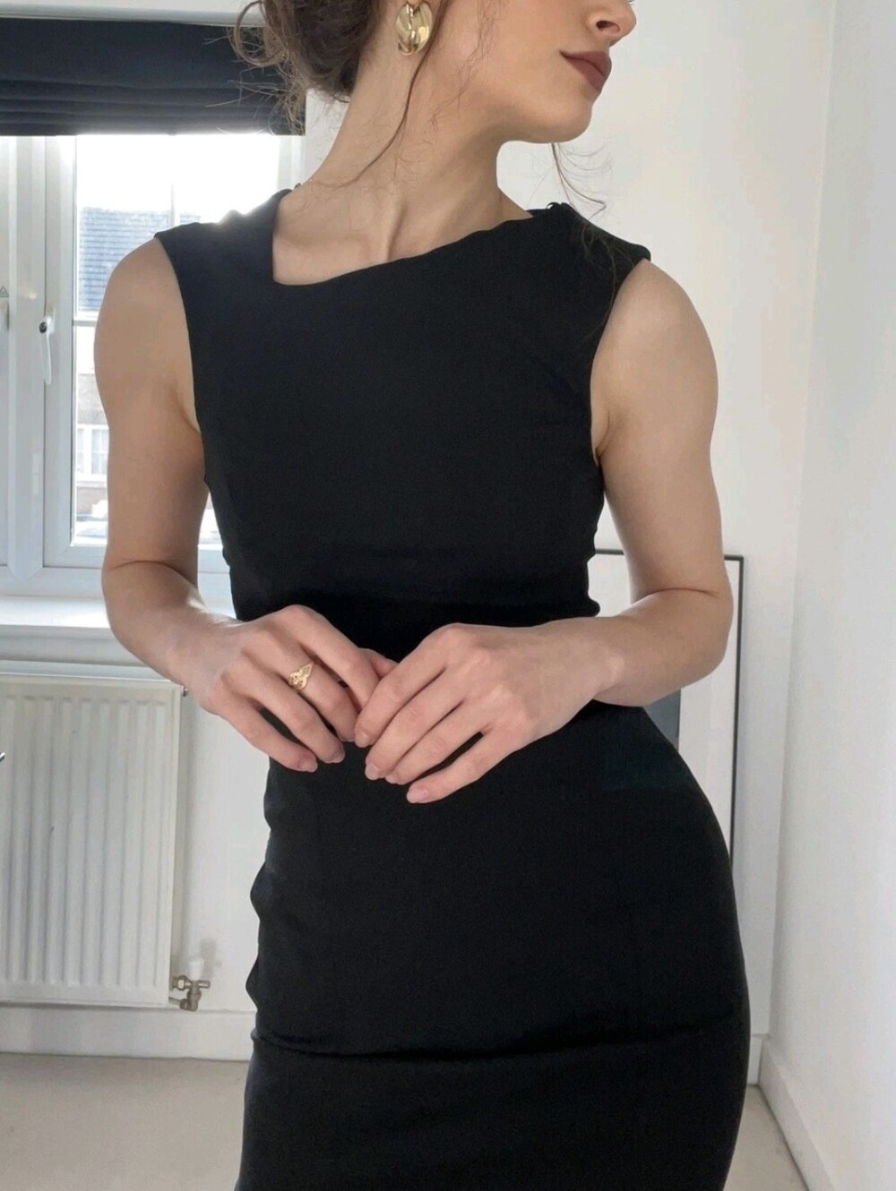 Zara black midi dress in L with side cut outs and asymmetric neck line New - Picture 4 of 16